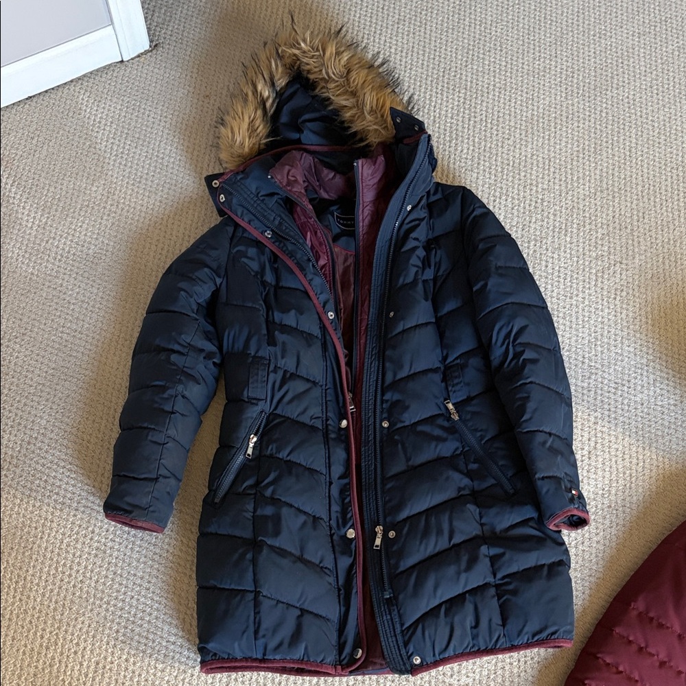 Tommy Hilfiger Black and Burgundy Puffer Coat